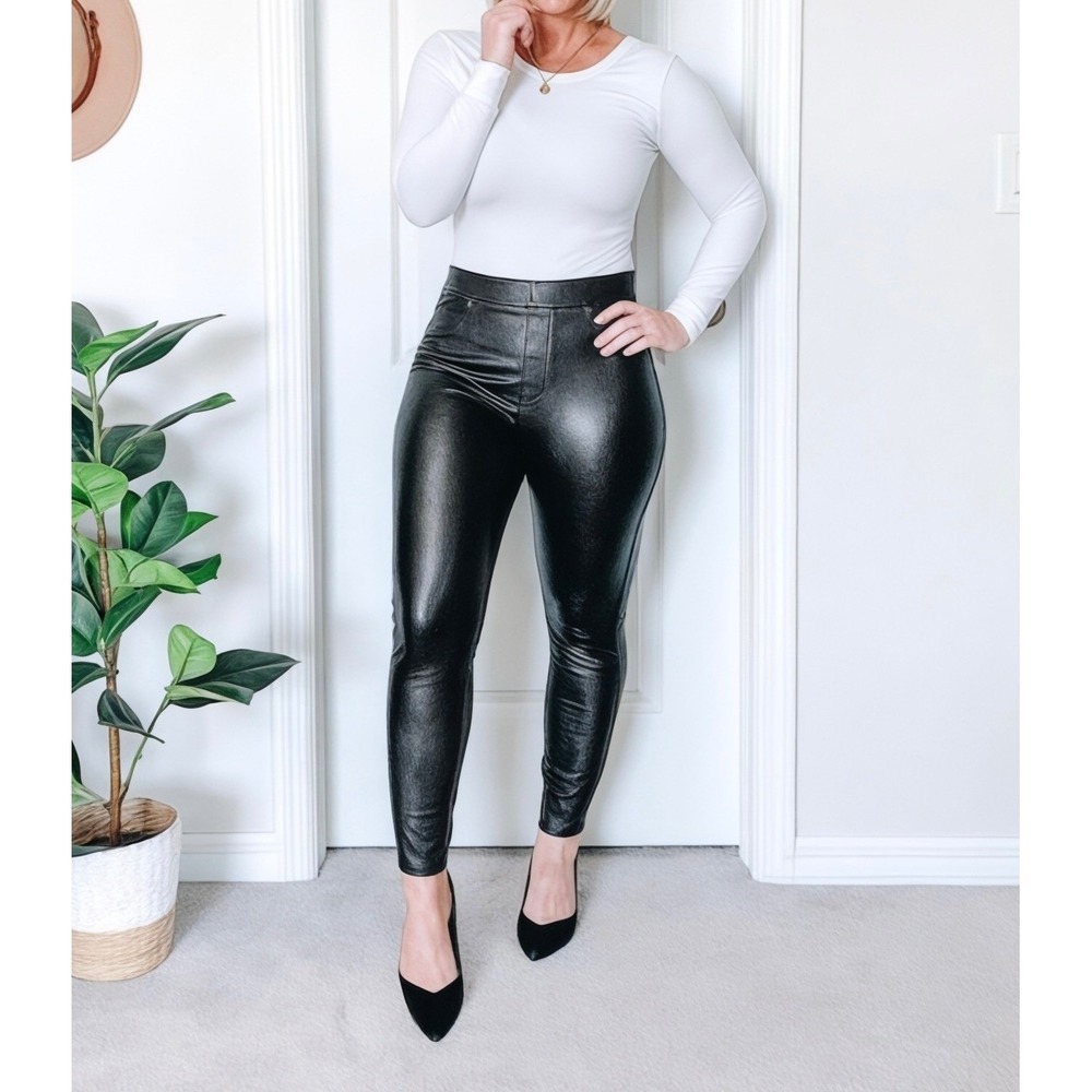 Spanx Vegan Leather High Rise Skinny Ankle Pants Womens L Black Stretchy Pullon